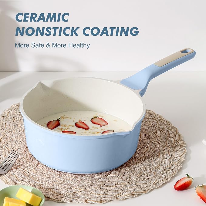 SENSARTE Ceramic Nonstick Saucepan with Double Pouring Spout, 3QT, Blue | Cooking Pot with Stay Cool Handle, Induction Compatible, Ceramic Coating, PFOA/PFAS/PTFE Free