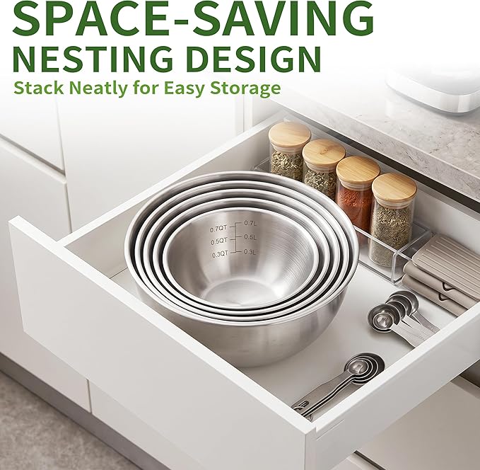 304 Stainless Steel Mixing Bowls Set of 5, 1.1/1.6/1.9/2.5/3.5 QT Food Grade Metal Bowls with Measurement Marks, Dishwasher Safe & Stackable Nesting for Baking, Salads, Meal Prep, RV & Camping