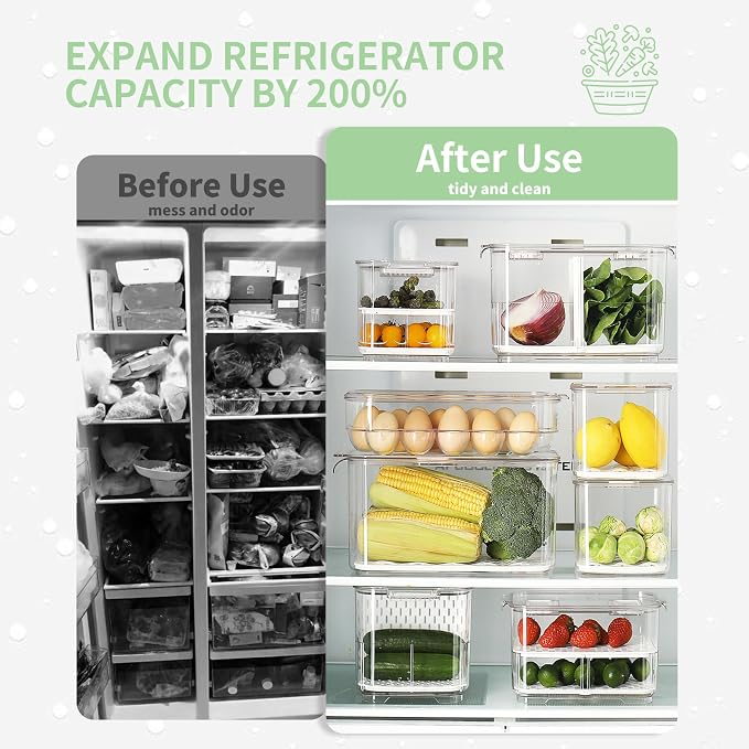 elabo Fridge Fruit Storage Containers, 2Pc Veggies Produce Saver Organizer | BPA-Free & Food Grade Containers, Keep Berries and Veggies Fresh, Large Capacity with Removable Drain Tray