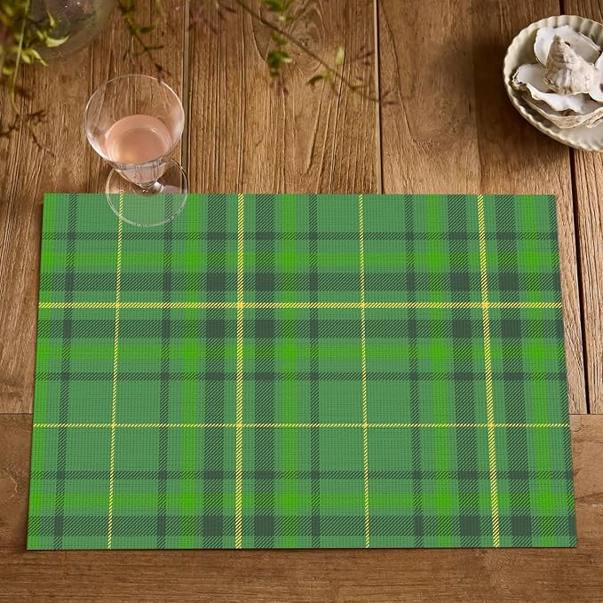 Artoid Mode Green Striped Check St. Patricks Day Vinyl Placemats Set of 4, Heat Resistant Non-Slip Woven Plastic PVC Place Mats for Party Kitchen Dining Decor
