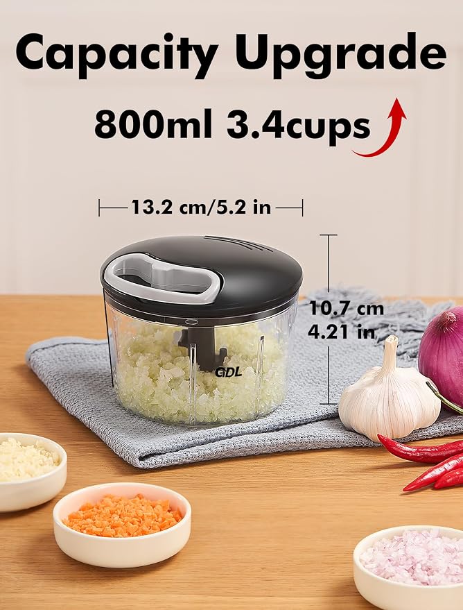GDL Food Chopper, Vegetable Chopper, Pull String Onion Chopper Dicer, 800ML | Manual Chopper Dicer for Oinon, Garlic, Nut, 420 Stainless Steel Blade, Dishwasher Safe, Fast Cutting, Anti-Slip Base, No BPA