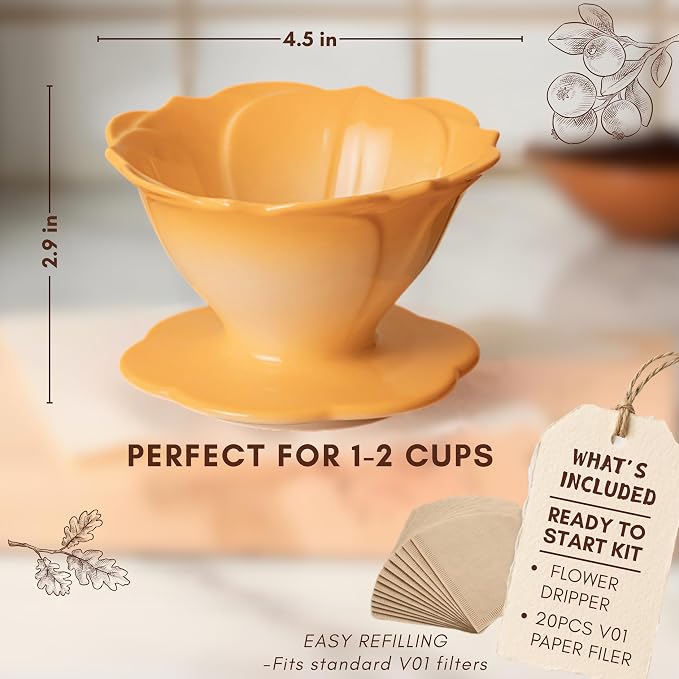 Ceramic Pour Over Coffee Dripper Flower Shape V60-01 (Lemon) | 20Pcs filters included, Wide base fits most mugs, Sturdy quality ceramic, Balanced taste coffee brew