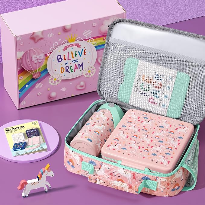 Fimibuke Kids Bento Lunch Box with Toddler Insulated Water Bottle Lunch Bag | Lunch Box Kids with 4 Compartments, Ice Pack & Utensils Set, Birthday Gifts for Ages 3-12 Back to School Toddler Girls Boys