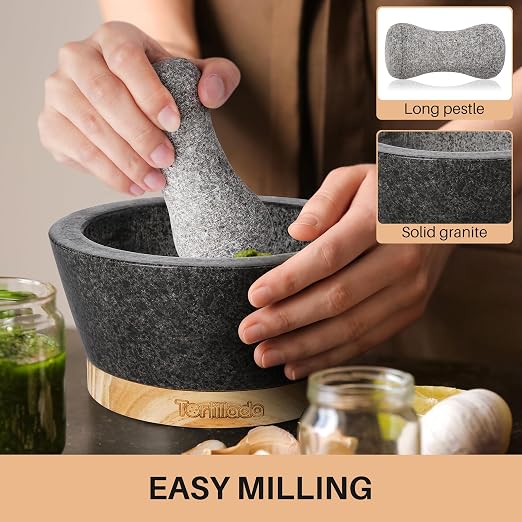 – 6-inch Mortar and Pestle Set Large Made of Natural Granite with Anti-Scratch Wood Base Granite Spice Herb Grinder Pill Crusher with 50 Recipes, Black
