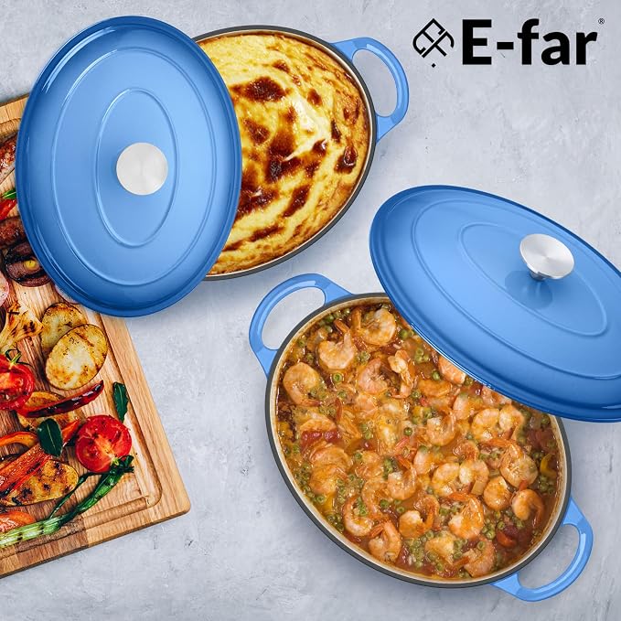 E-far 7QT Oval Dutch Oven Pot with Lid, Enameled Cast Iron Dutch Oven with Dual Handles for Sourdough Bread Baking Cooking, Nonstick Enamel Coated Cookware(Blue), Non-Toxic & Easy Clean