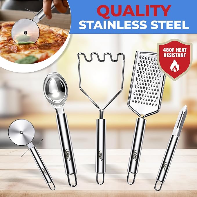 Kaluns 50 PCS Silicone Kitchen Utensils Set Complete Kitchen Set - 800°F Heat Resistant Non-Stick Premium Silicone Cooking Utensils W Wooden Handles - Can Opener, Masher, Turner, Silicone Spatula Set