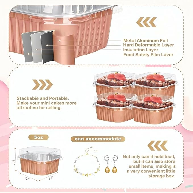 30Pack 5oz Champagne Mini Cake Pans with Lids Baking Cups Aluminum Foil Pans Tins, Individual Dessert Cups Containers for Sales,Party,Picnics