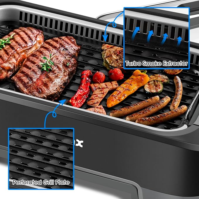 CUSIMAX Smokeless Indoor Grill, 1500W Electric Grill Korean BBQ Grill Black | Adjusting Temperature/With Smart LED Display/Turbo Smoke Extractor/Non-stick Removable Grill Plate/Tempered Glass Lid