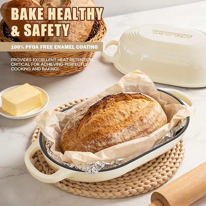 Enameled Cast Iron Dutch Oven for Bread Baking - incl. Sourdough Bread-Baking Supplies like Banneton Bread-Proofing Basket - 5QT Loaf Cast Iron Bread Oven Pan& Meatloaf Pan with Lid, Sour Sough Tools, Lame (Cream White）