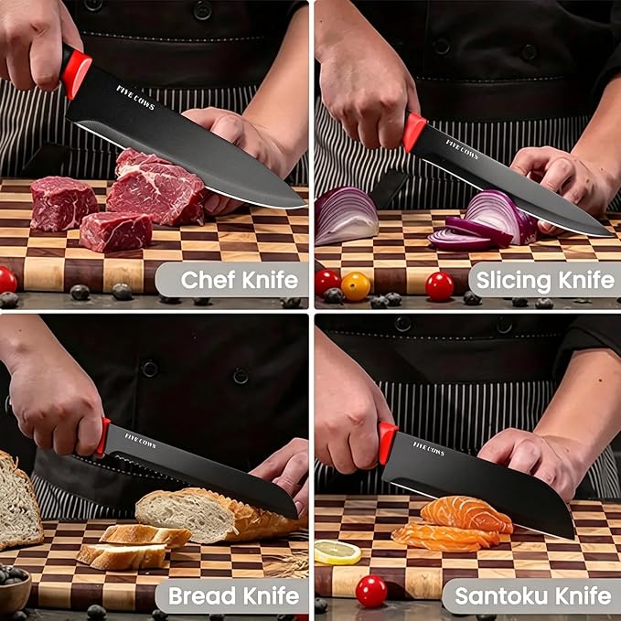 14 Pcs Kitchen Knife Block Set with Sharpener German High Carbon Stainless Steel Chef Knives, Razor-Sharp & Durable, Lightweight Anti-Slip Handle, Professional Set for Home & Kitchen (Red)
