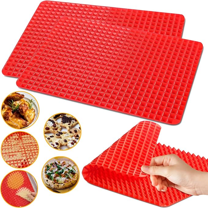 Silicone Baking Mat Pyramid Sheets Cooking Pan 16"x11" 2 Pack-Red | Best Healthy Fat Reducing Nonstick Cooking Mat for Baking Mat with Grid for Oven Grilling BBQ, Baking and Roasting