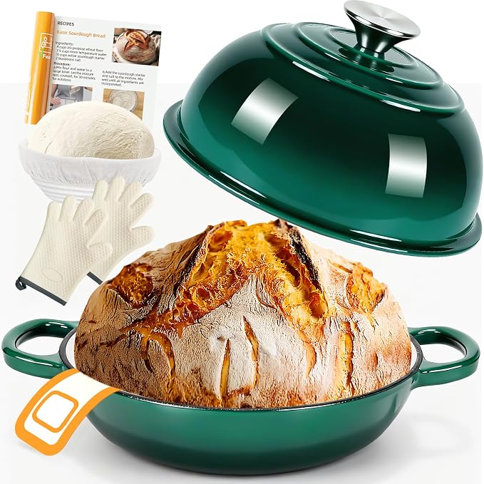 AHJ 6QT Enameled Cast Iron Dutch Oven for Sourdough Bread Baking | 7-Layer Construction Bread Oven with Proofing Basket, Silicone Sling and Mitts; Steam-Locking Dome, 500°F Safe, Green