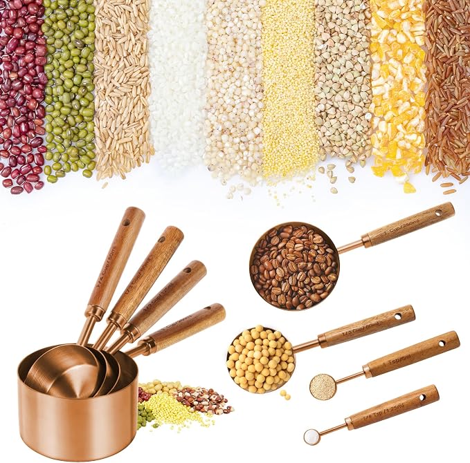 Copper Stainless Steel Measuring Cups and Spoons Set,8 Piece Measuring Cup Set with Wooden Handle and Metric and US Measurements，Copper Polished Finish，for Cooking and Baking in The Kitchen
