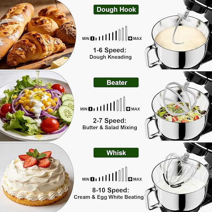 Camic Electric Stand Mixer,7.45 QT,10 Speeds with Dough Hook,Whisk, Flat Beater Attachments, Splash Guard, Easy-Carry Top Handle,3-IN-1 Kitchen Mixer for Baking Cakes Cookie Bread Salad (Black)