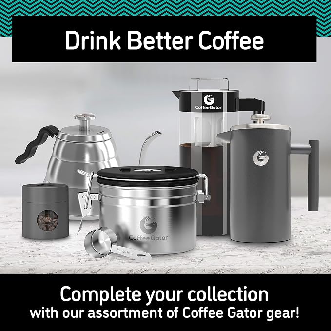 Coffee Gator French Press Coffee Maker 34 oz, Non-Toxic 100% Plastic Free, Double Wall, 4-Layer Filter, Cold Brew Cafetera Tea Pot for Kitchen Travel Camping, Gifts, Decor, Bar Accessories, Silver