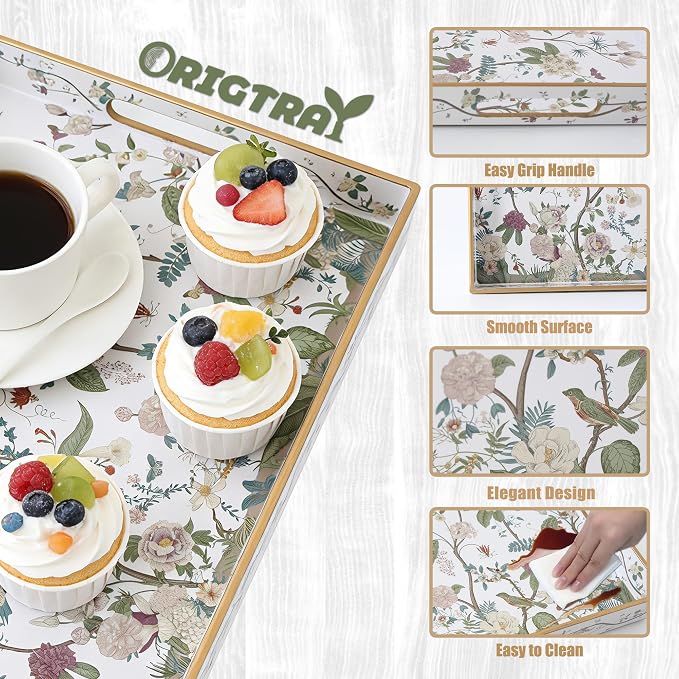 Serving Tray with Handles, Rectangular Plastic Tray 15.75x11.81 Inch, Floral Art with Peony, Hydrangea, Magnolia & Magpie Style Decorative Tray for Kitchen, Dining Table, Vanity, Office & Home