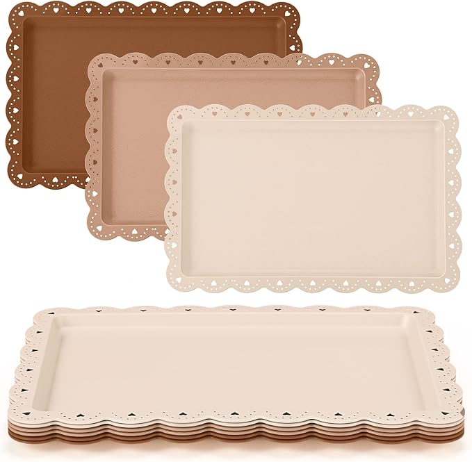 6 Pcs Brown Serving Trays Plastic Platters Dessert Cupcake Holder Party Supplies 14.4 x 9.3 Inches Rectangular Cookie Snack Display Tray for Wedding Restaurant