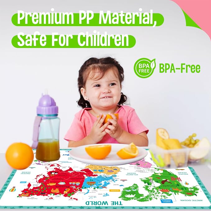 4 Pack Double-Sided Placemats, Washable & Reusable Table Mats -Math, Universe, Periodic Table, US President, Human Body, Map of USA & World Educational Placemats for Home, Kindergarten, Classroom