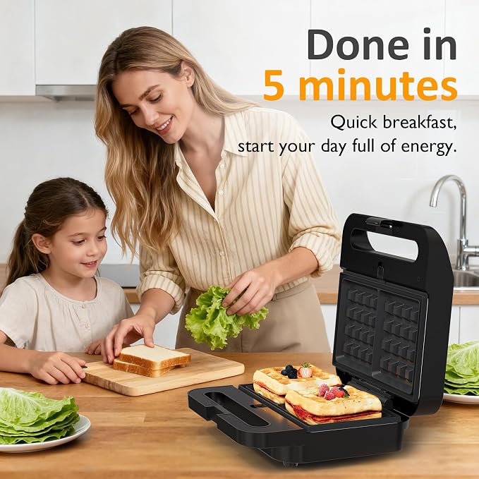 3 in 1 Electric Sandwich Maker with Removable Nonstick Plates - 1000W,Black | for Belgian Waffle/Panini/Grill/Pancake Griddle/Breakfast,Dishwasher Safe,Cool Touch Handle,Easy to Clean & Store