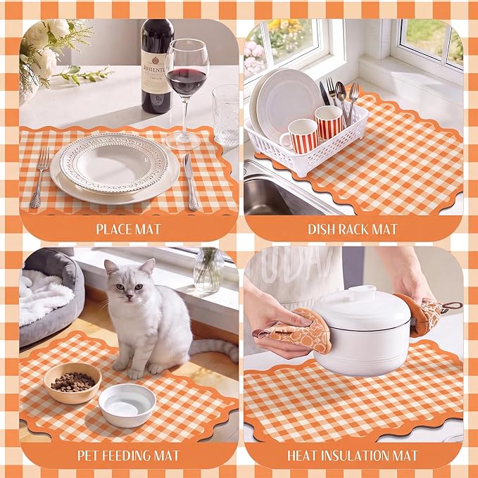 Orange Scalloped Gingham Coffee Mat 12" x 20" Absorbent Bar Mat | Gingham Espresso Matt with Non Slip Rubber Backing for Coffee Countertops