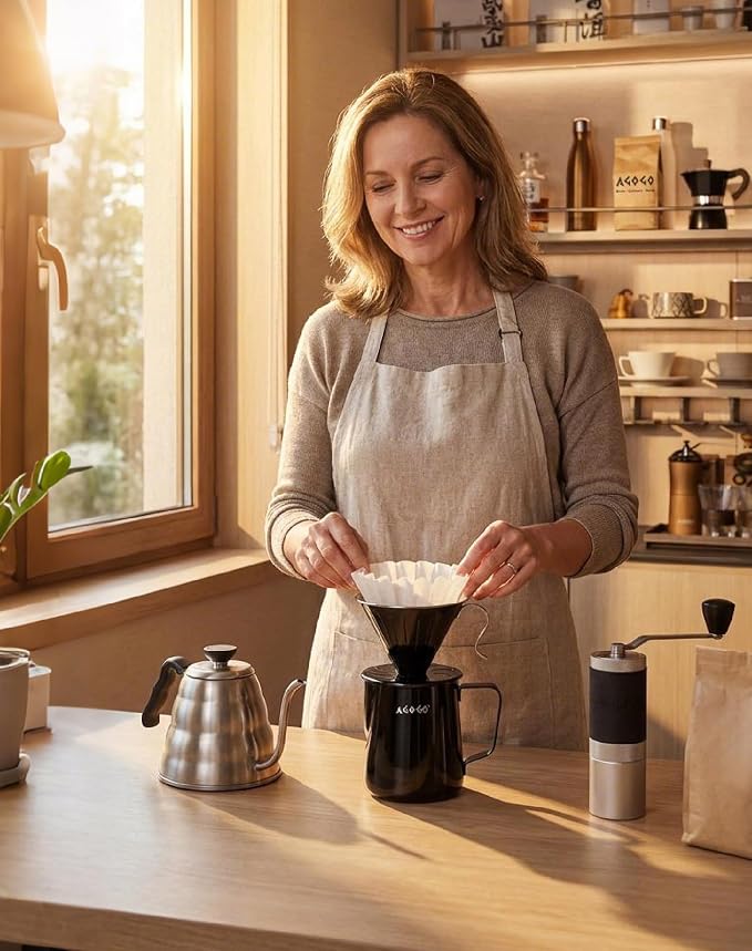 AGOGO Stainless Pour Over Coffee Maker Set, 50 Paper Filters, 30oz, Black | Unbreakable carafe for kitchen RV camp and office, includes barista towel, lead-free food grade 304 stainless steel