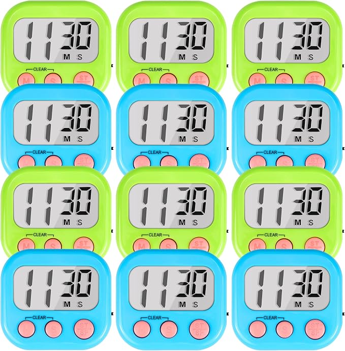 Timer for Kids Digital Kitchen Timers for Cooking- 12 Pack Blue Green | Countdown Timer for Classroom Study Exercise Teacher Supplies, Strong Magnetic, Loud Alarm, Large Screen, Fast Reset, Memory