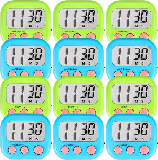 Timer for Kids Digital Kitchen Timers for Cooking- 12 Pack Blue Green | Countdown Timer for Classroom Study Exercise Teacher Supplies, Strong Magnetic, Loud Alarm, Large Screen, Fast Reset, Memory