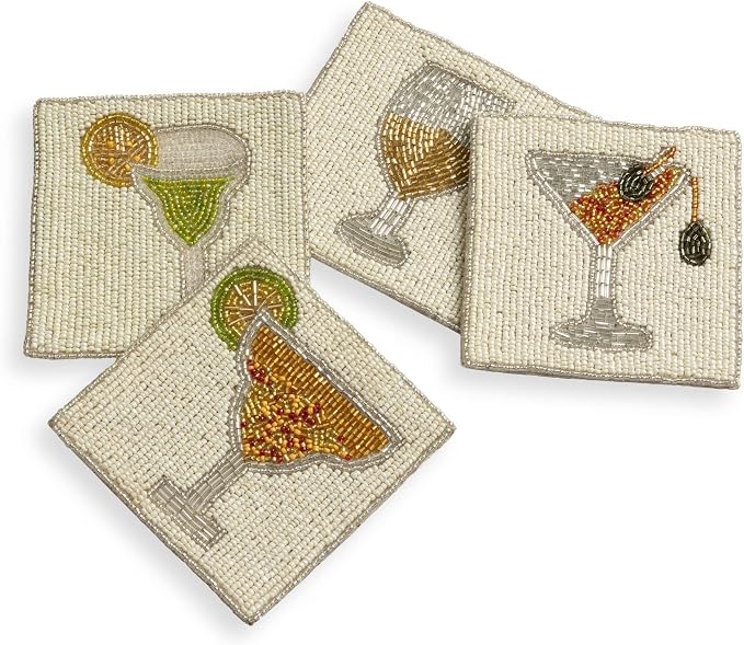 Folkulture Coasters Set of 4 for Drink, Coffee Bar Accessories, Table Décor | Cute, Beaded, Hand Crafted, Cocktail, Boho Coaster for Home, Party Decorations, Outdoor, Patio, House Warming Gifts New Home