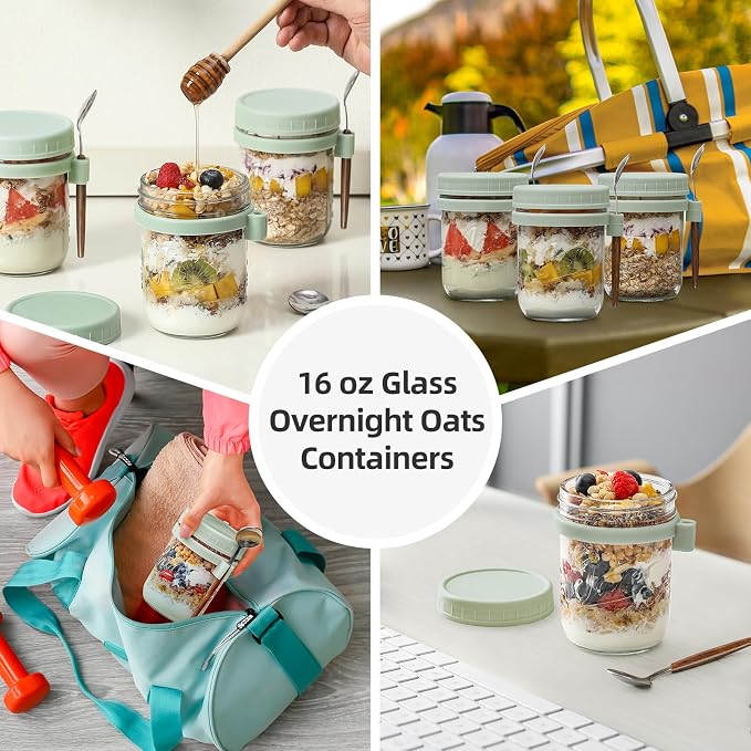 LANDNEOO 4 Pack Overnight Oats Containers with Lids and Spoons, 16 oz Glass Mason Jars with Airtight Lids, Overnight Oats Jars for Milk, Cereal, Fruit-Green