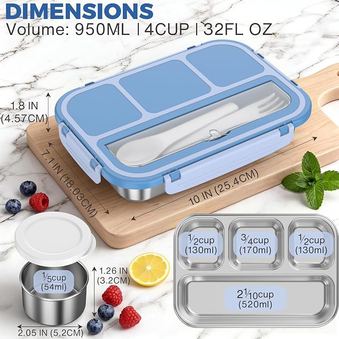 Stainless Steel Bento Box Adult Kids, Leakproof Metal Lunch Box Containers 4 Compartments, 32 Oz Reusable Food Storage Containers for Office and School, Blue