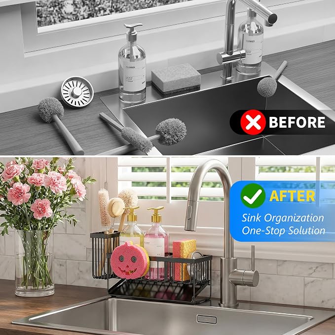 Cisily Sponge Holder for Kitchen Sink, Smiley Face Sink Caddy with Removable Brush Holder,Self-Draining Sponge Caddy for Sponge,Soap,Dish Brush,Scrubber,Kitchen Essentials and Gadgets