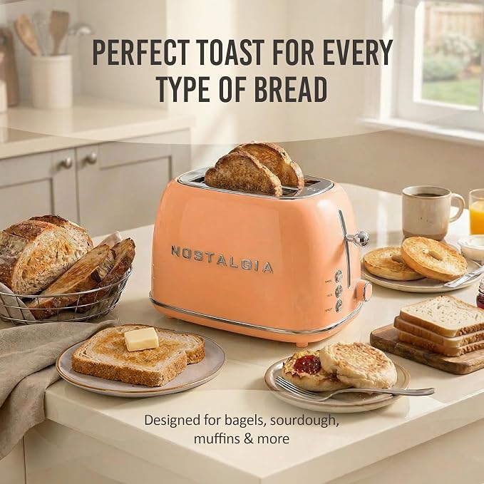 Nostalgia Classic Retro 2-Slice Toaster- Vintage Design- Enamel Coated Steel Body- Wide Slots for all Breads- Crumb Tray, Cord Storage- Defrost,Cancel and Bagel Function & 6 Toasting Levels- Orange