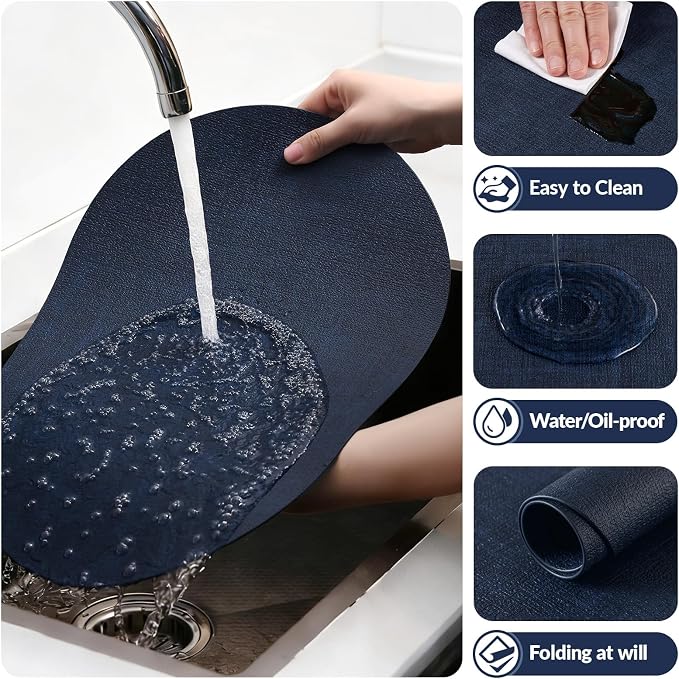 Placemats Set of 6, 11.8 x 17 Inch, Navy | Heat Resistant Oval Faux Leather Place Mats, Waterproof Wipeable Reversible PU Placemat, Indoor & Outdoor