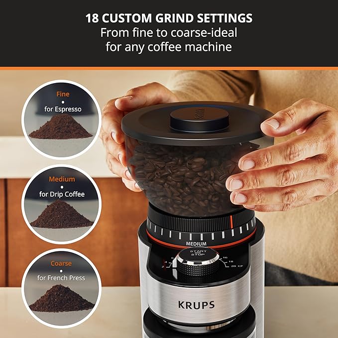 KRUPS Flat Burr Coffee Grinder 18 Settings 2-20 Cups Stainless Steel | Ultra-fine espresso to extra-coarse French press, Removable hopper and chamber, Even grinding for better flavor extraction