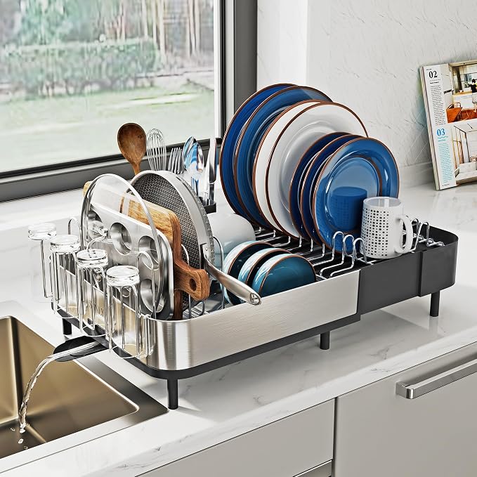 Expandable Dish Drying Rack, Versatile Brackets for Pots & Pans, Space Saving Kitchen Drying Rack, Dish Racks for Kitchen Counter, Stainless Steel Dish Drainers with Extendable Spout, Black