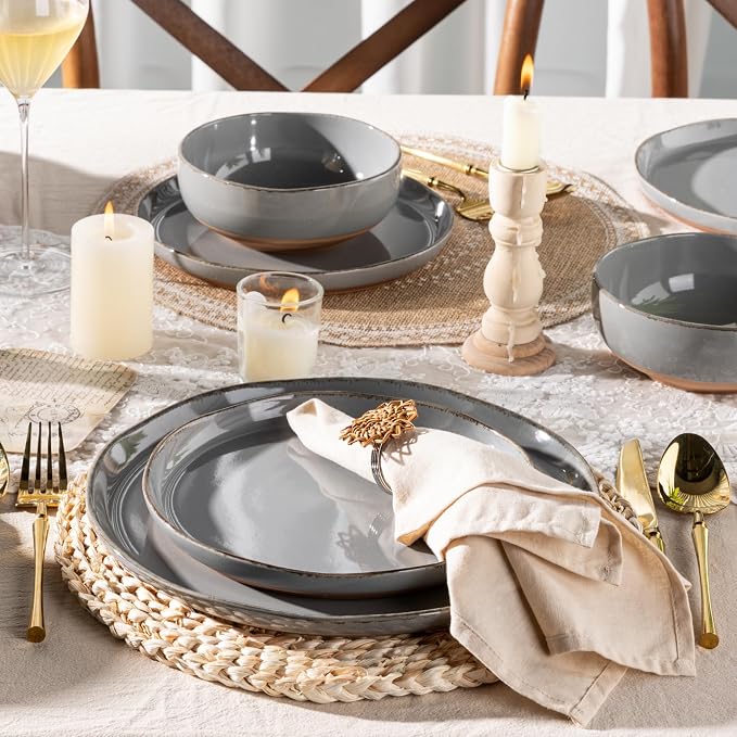 AmorArc Dinnerware Sets for 4, 12 Pieces Ceramic Plates and Bowls Set | Scratch Resistant Stoneware Dishes Set, Dishwasher & Microwave Safe,Gray