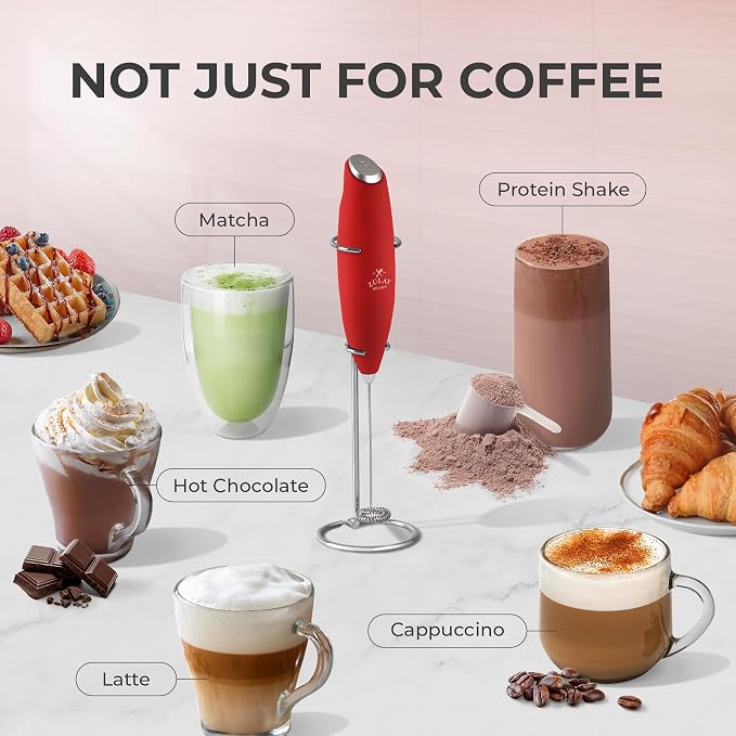 Zulay Kitchen Powerful Milk Frother Wand With Duracell Batteries - Ultra Fast Handheld Drink Mixer - Electric Whisk Foam Maker for Coffee, Lattes, Cappuccino & Matcha - Z1 Motor - Cardinal Red
