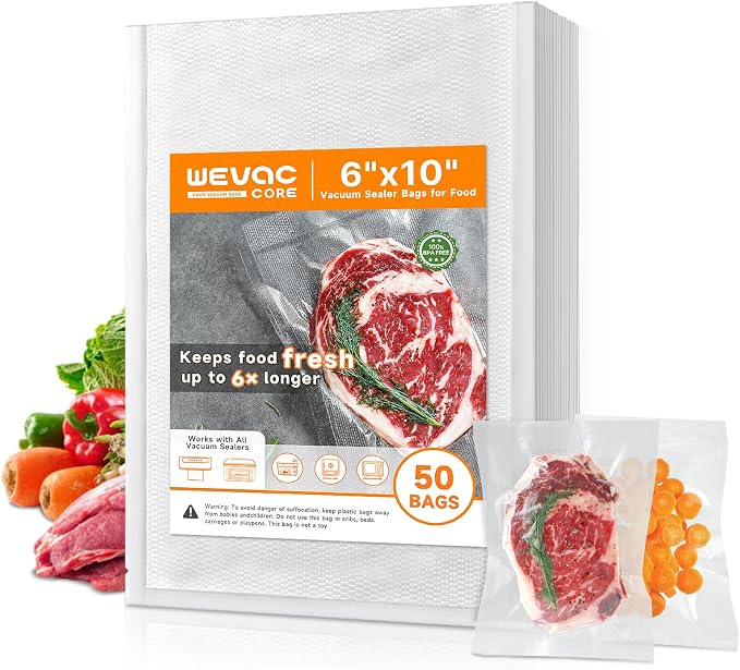 Vacuum Seal Bags for Food, Pint 6″x 10″50 Pcs, BPA Free Food saver Bags | Commercial Grade Precut Vacuum Sealer Bags for Food Sous Vide, Vacuum Storage Bags Food, Heavy Duty, Kitchen Essentials,