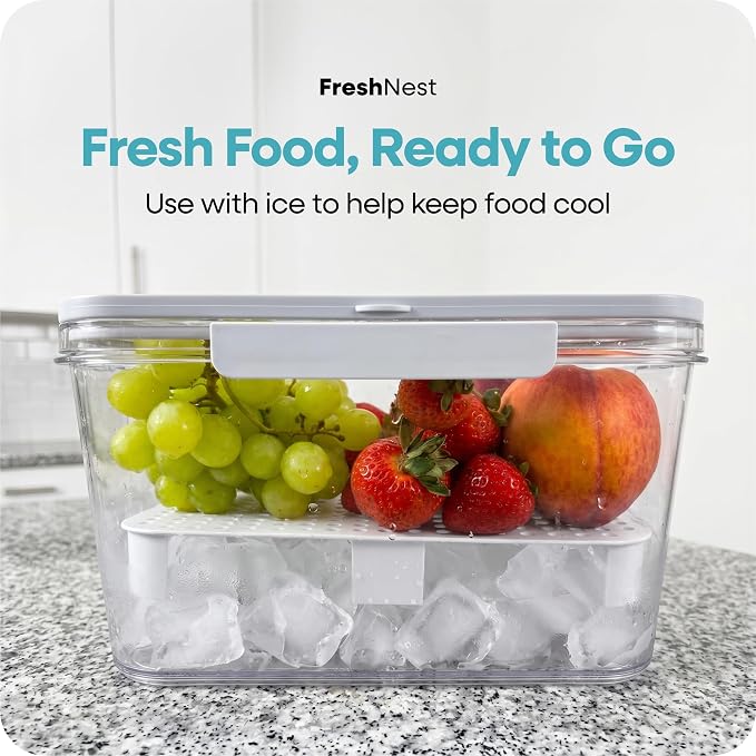 FreshNest 2 Pack Food Storage Containers with Lids, Drain Tray, Date Tracker & Carry Handle for Fruit, Lunch, Snacks, BBQ Prep, Picnic & Fridge Organization