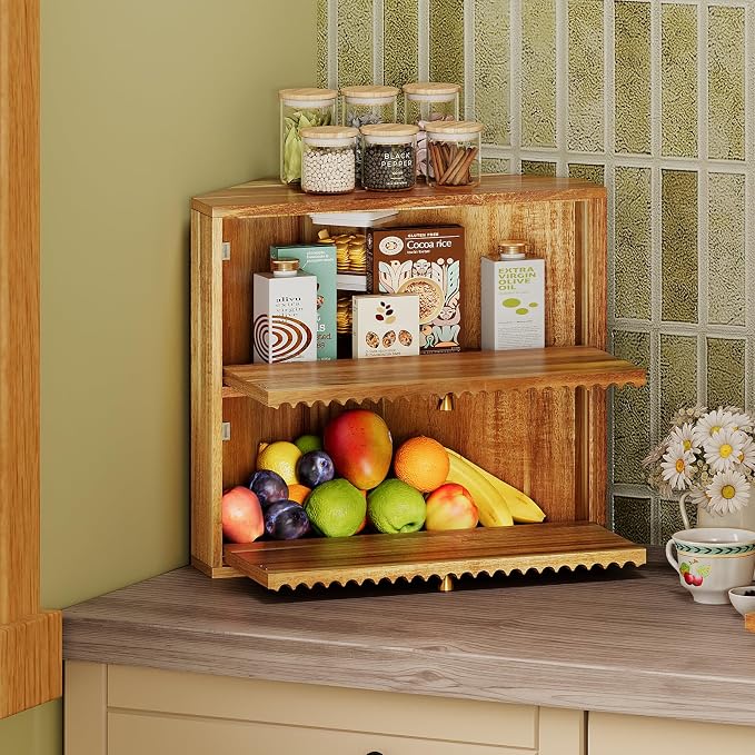 Trironsun Acacia Corner Bread Box for Kitchen Countertop Wood Two Layer Large Capacity Bread Storage Bin Vintage Storage for Homemade Bread (Acacia Wood)