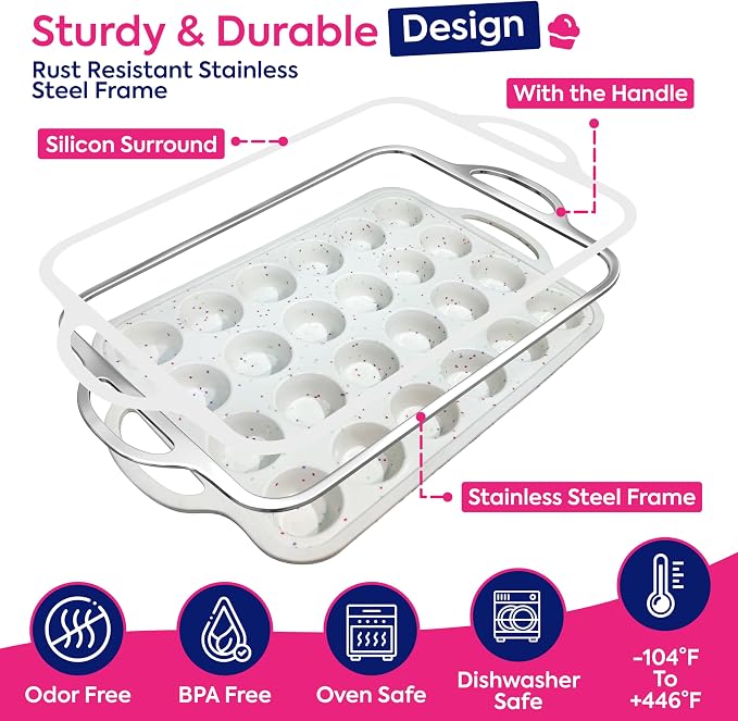 2 Pack Silicone Mini Muffin Pan with Metal Reinforced Frame, 24-Cup Mini Cupcake Pans, Mini Muffin Silicone Molds, Silicone Muffin Pans for Baking - Oven & Dishwasher Safe, BPA-Free
