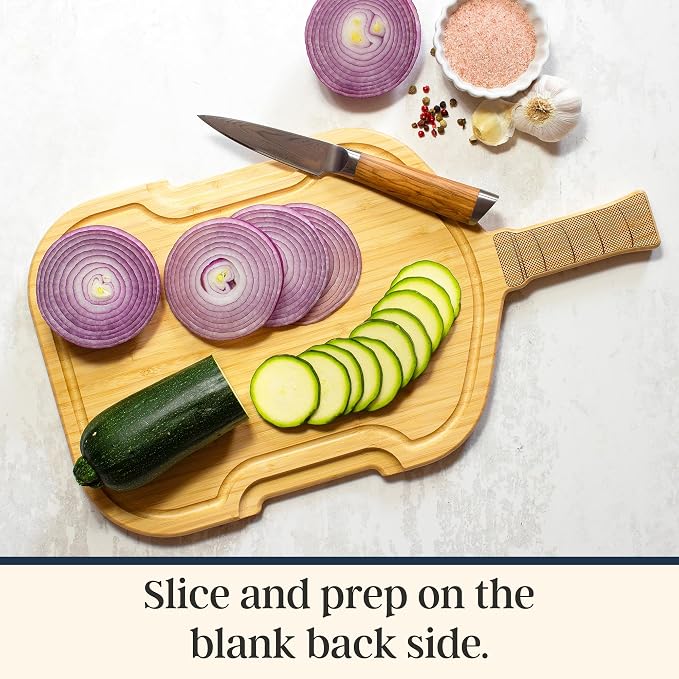 Totally Bamboo Flip, Serve & Store Pickleball Charcuterie Board with Lid | Pickleball paddle-shaped board with compartments and locking cover for travel. Cutting side includes juice groove for prep.