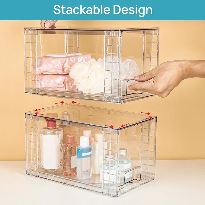 Vtopmart 4 Pack Large Stackable Storage Drawers, Clear | Easily Assemble Bathroom Closet Undersink Organizers and Storage Kitchen Cabinets,Pantry,Makeup,Medicine Organization