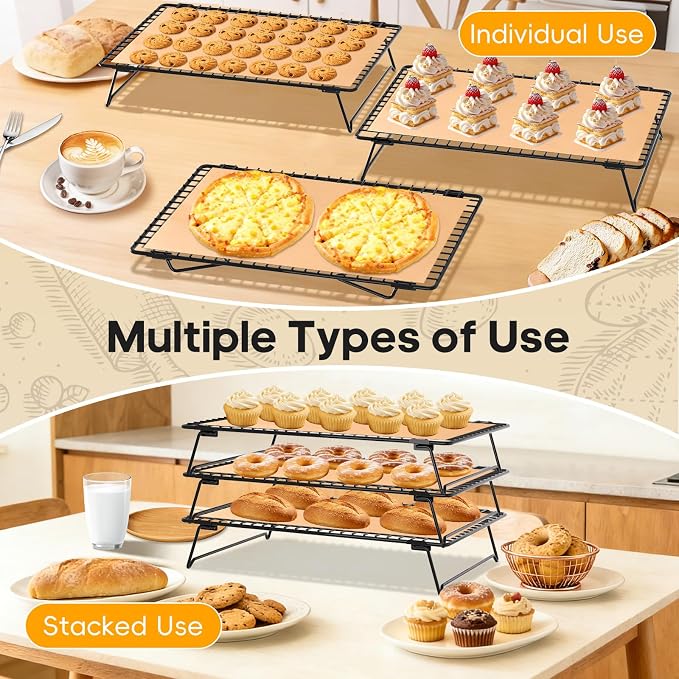 3-Tier Baking Cooling Rack with Legs, 13"x 9" w/50 Parchment Paper | Stackable Cooling Racks for Baking w/Pastry Brush, Collapsible Wire Rack for Cooling Cookies, Cakes, Bread, Dishwasher Safe