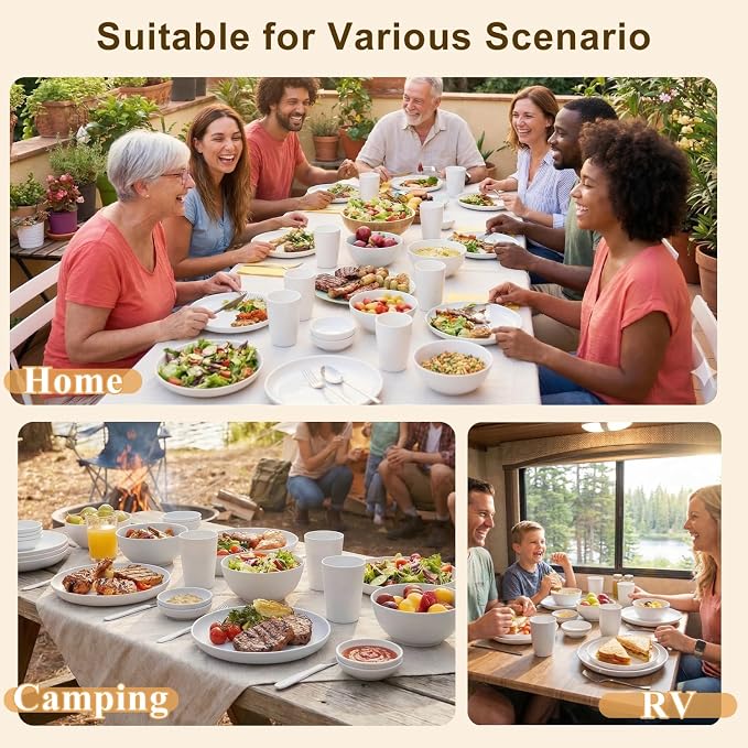 Dinnerware Sets for 8, Wheat Straw Plate and Bowl Set, Unbreakable Kitchen Set 40 Piece, Microwave and Dishwahser Safe Plates and Bowls Sets for Apartment, Kitchen, Camping, Dorm - White
