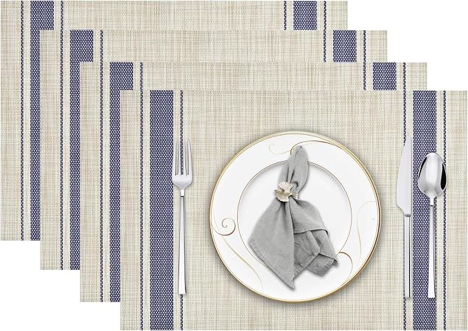 Khaki-Blue Placemats Set of 4, 12x18 Inch Heat Resistant Non-Slip Washable Durable Table Placemats for Holiday Party Kitchen Dining Room Decoration