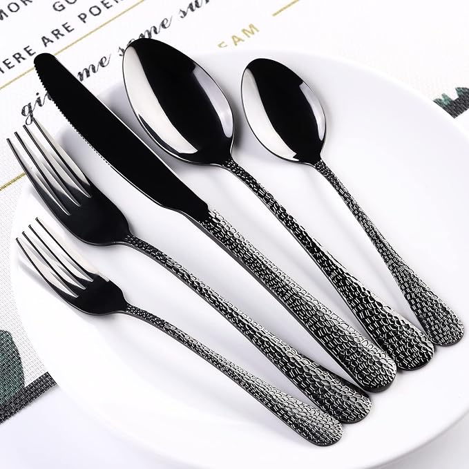 40 Piece Forged Black Flatware Set for 8 SANLUNS Stainless Steel Heavy Hammered Silverware Fine Dining Utensils Tableware Unique Cutlery Knives Forks Spoons,Reusable Holiday Gifts Mirror Dishwasher
