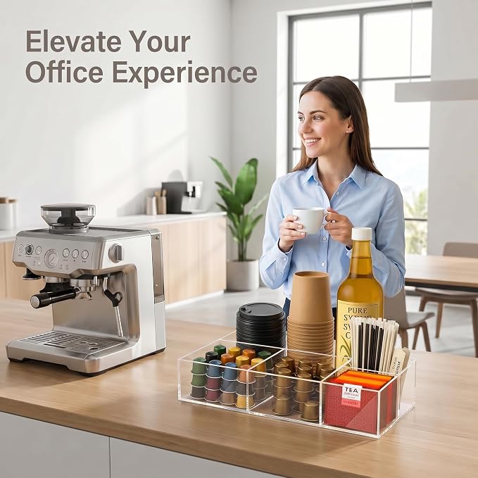 Acrylic Coffee Bar Station, Countertop Snack Tea Organizer & Condiment Tray | Syrup, Creamer, Sugar Packets & Tea Bags