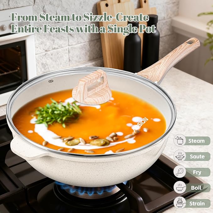 AOSION 12 Inch Nonstick Ceramic Deep Frying Pan with Lid & Steam Rack, 5.5QT Sauté Pan, Large Ceramic Skillet,Stay Cool Handle, Induction Compatible, PFOA & PFAS Free,white.
