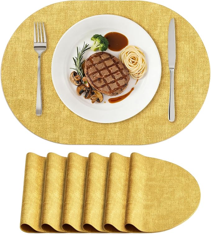 Placemats Set of 6, 11.8 x 17 Inch, Yellow | Heat Resistant Oval Faux Leather Place Mats, Waterproof Wipeable Reversible PU Placemat, Indoor & Outdoor